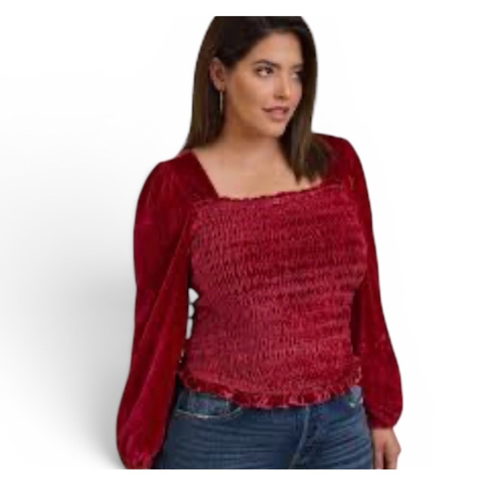 Torrid Velvet Velour Vampy Goth Smocked Blouson Sleeve Crop Top 00 Red 10 M/L